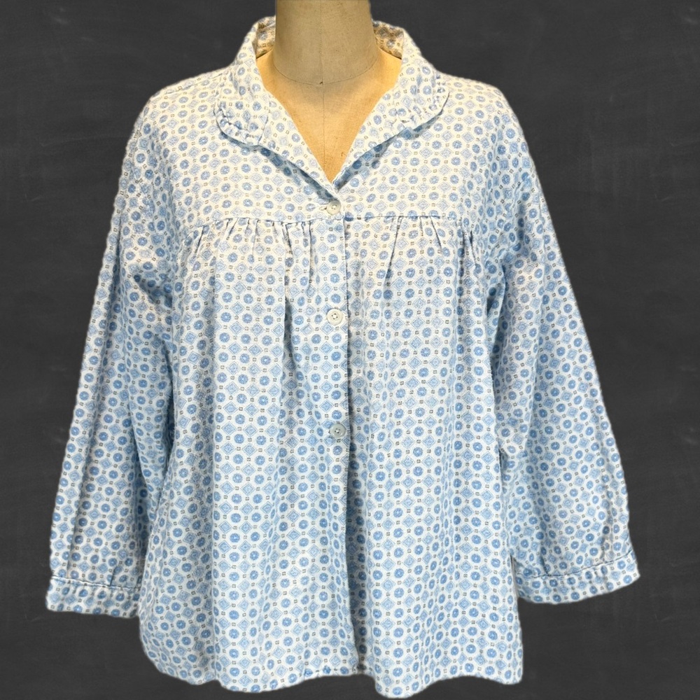 VINTAGE flannel cotton sleep‎ shirt pajama top long sleeve pastel geometric 80s